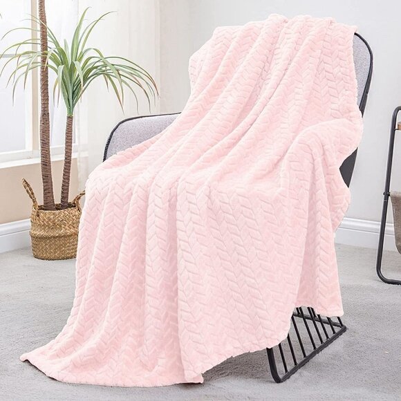 Baby Pink Knit Jacquard Weave Pattern Decorative Warm Flannel Couch Cozy Blanket - Picture 2 of 16